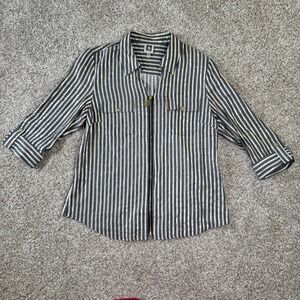 Anne Klein Womens M Blue Gold Metallic Striped Zip Front Lion Head Blouse